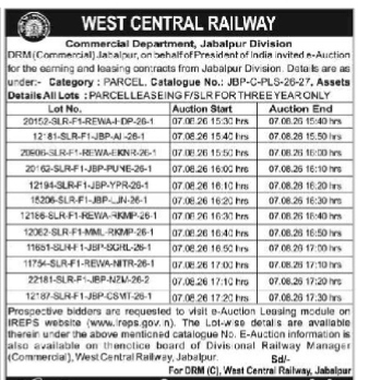 West Central Railway Jabalpur Division e-Auction Notice for Parcel Leasing Contracts (Catalogue No. JBP-C-PLS-26-27)