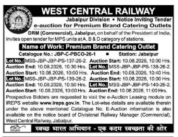 West Central Railway Jabalpur Division e-Auction Notice