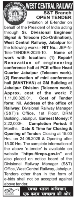 West Central Railway Open Tender Notice for Telecom Works in Jabalpur