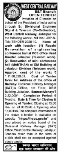 West Central Railway S&T Branch Open Tender (NIT No.: JBP-N-Tele-TENDER-2026-10)