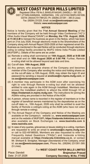 West Coast Paper Mills Limited 71st AGM Notice