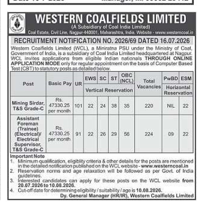 Western Coalfields Limited Vacancies 2026