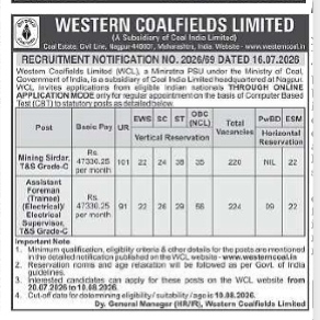 Western Coalfields Limited (WCL) Mining Sirdar & Assistant Foreman Recruitment 2026