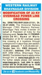 Western Railway Bhavnagar Division: 33 KV Overhead Power Line Modification Tender