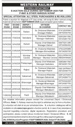Western Railway E-Auction Schedule (September 2026)
