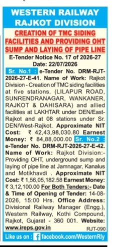 Western Railway Rajkot Division E-Tender Notice No. 17 of 2026-27
