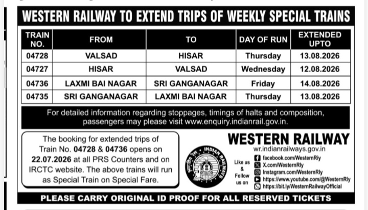 Western Railway Train Extension Details and Booking Dates (July–August 2026)