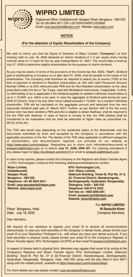 Wipro Limited Interim Dividend Notice (July 2026)