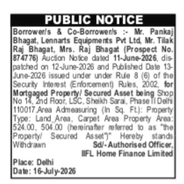 Withdrawal of Public Auction Notice by IIFL Home Finance