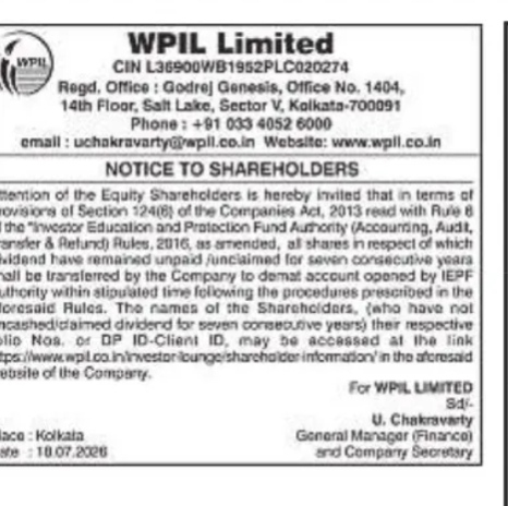WPIL Limited - Notice to Shareholders Regarding Transfer of Shares to IEPF (2026)