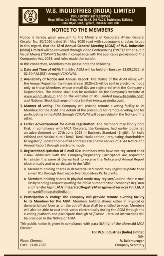 W.S. Industries (India) Limited - 63rd AGM Notice to Members