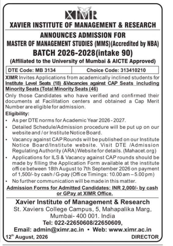 Xavier Institute of Management & Research MMS Admission Announcement 2026–2028