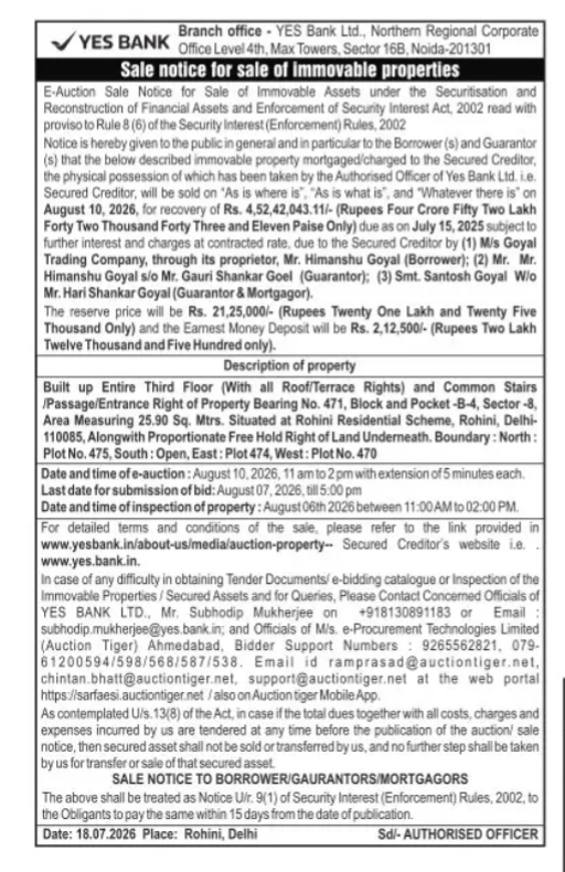 YES BANK E-Auction Sale Notice for Immovable Property in Rohini, Delhi (August 10, 2026)