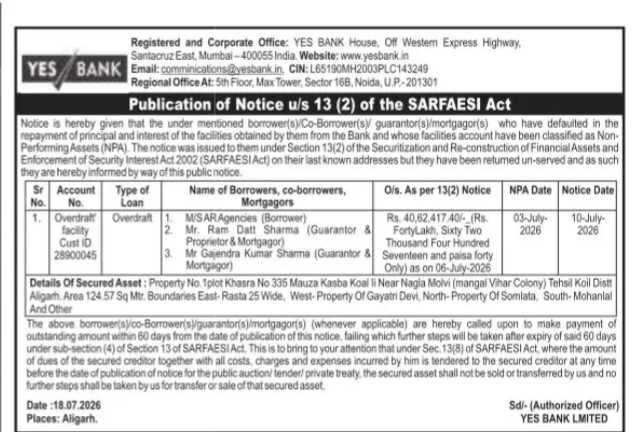 YES BANK Public Notice under SARFAESI Act for M/S AR Agencies and Others