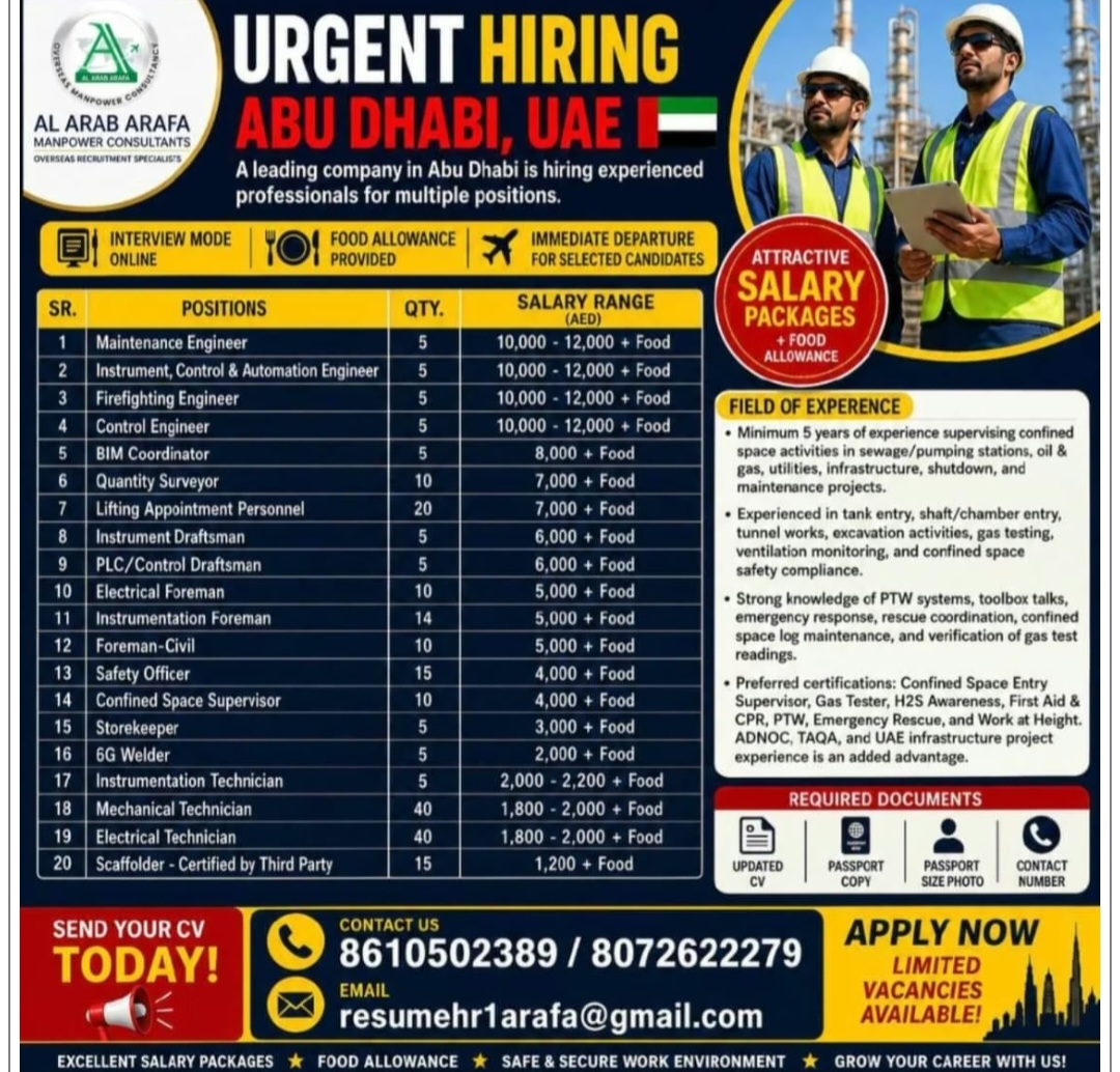 A LEADING COMPANY IN ABU DHABI IS HIRING