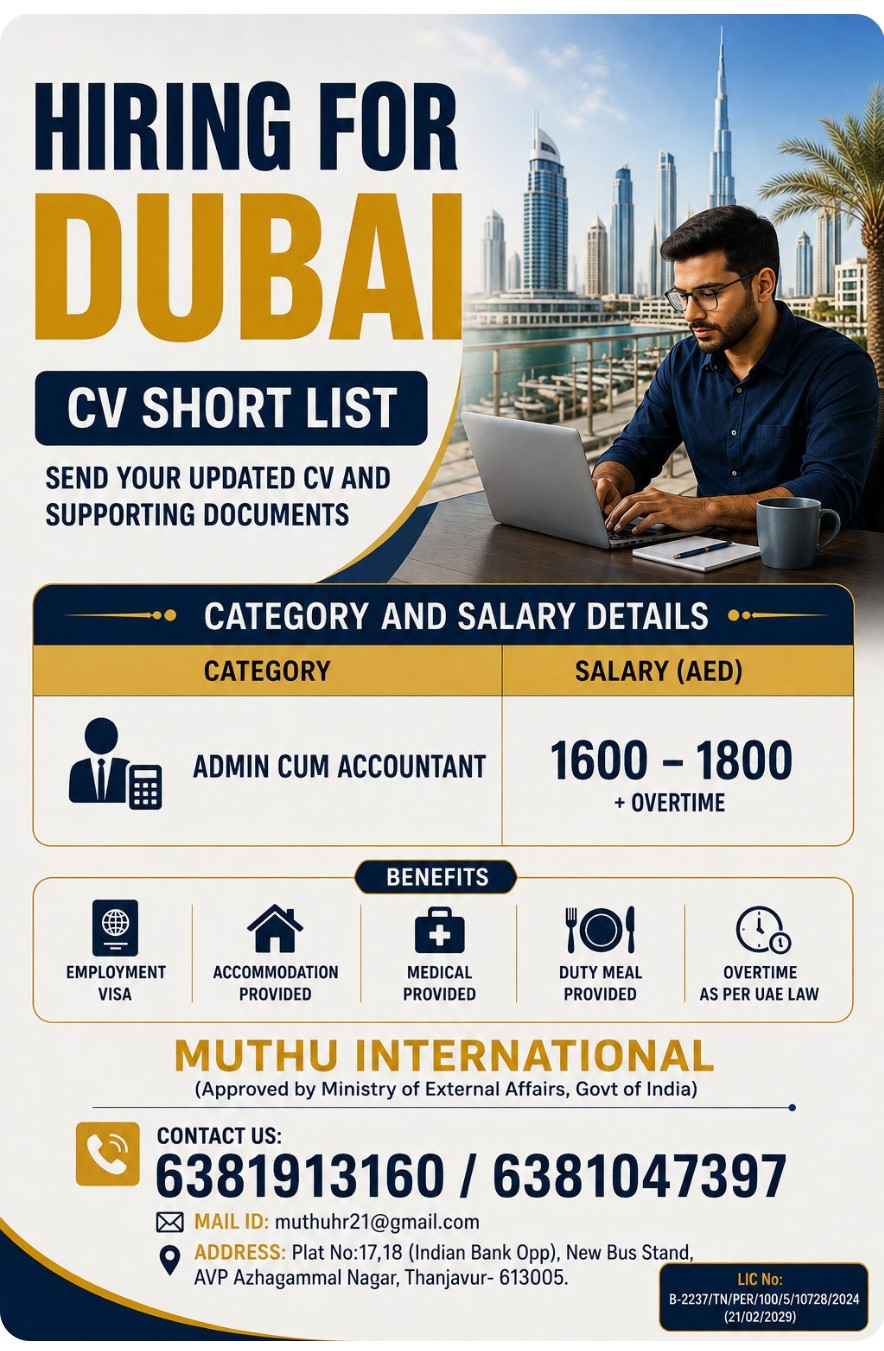 Admin cum Accountant recruitment for Dubai