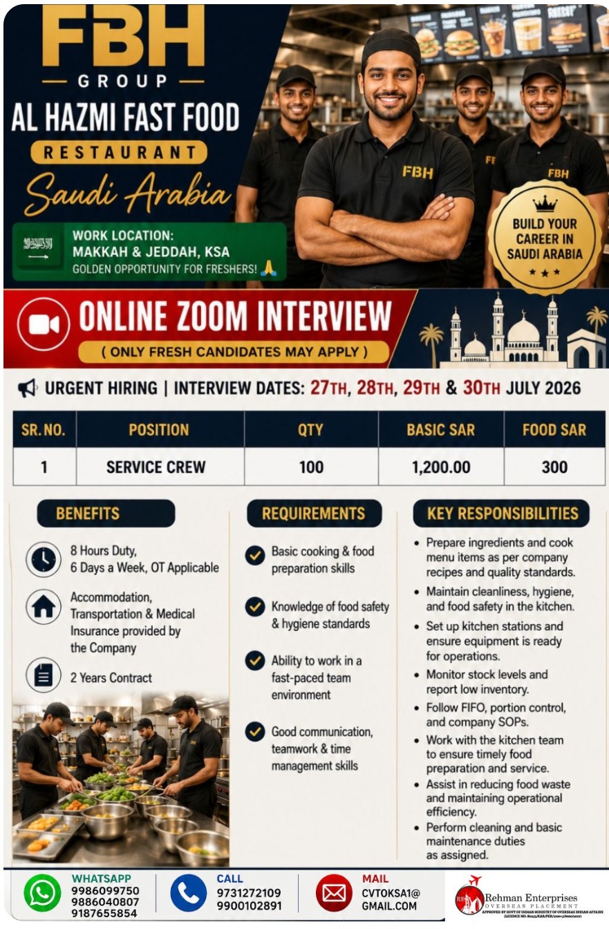 AL HAZMI FAST GOOD RESTAURANT IS HIRING FOR SAUDI ARABIA