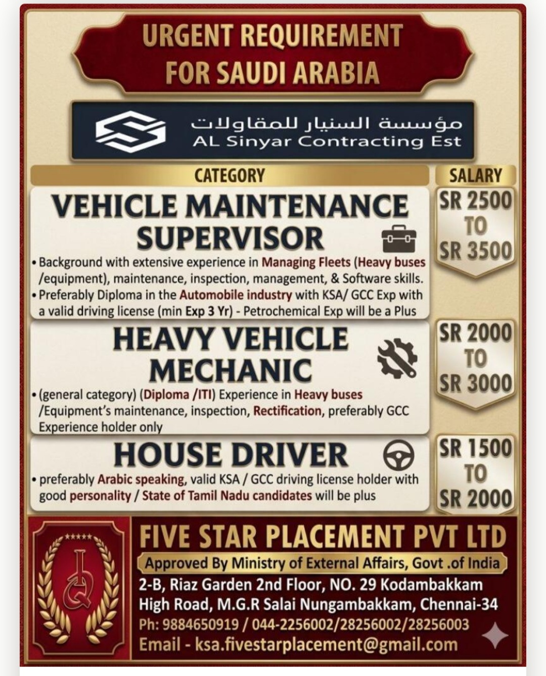 AL S8NYAR CONTRACTING COMPANY IS HIRING FOR SAUDI ARABIA