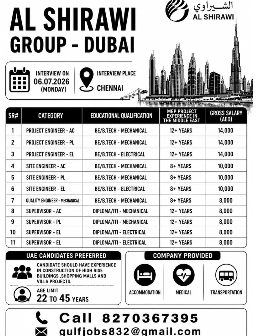 AL SHIRAWI GROUP IS HIRING FOR DUBAI