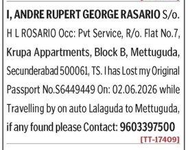 ANDRE RUPERT GEORGE RASARIO has lost passport