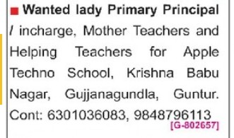 APPLE TECHNO SCHOOL IS RECRUITING AT GUNTUR