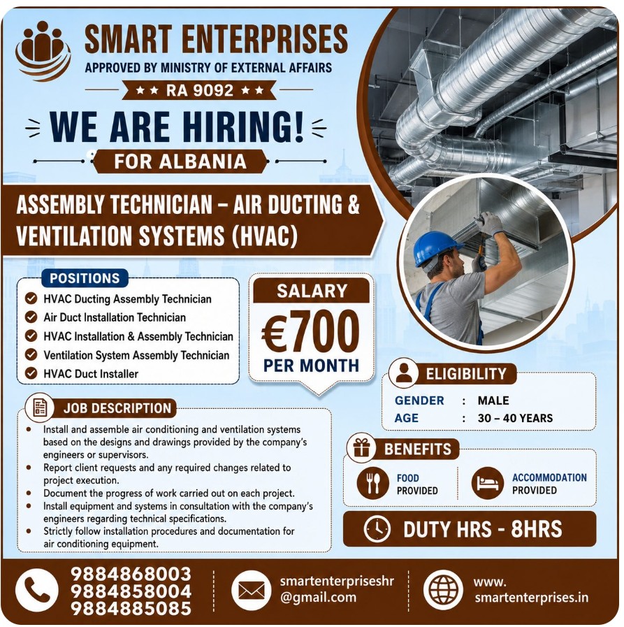 Assembly Technician – Air Ducting & Ventilation Systems (HVAC) hiring for Albania