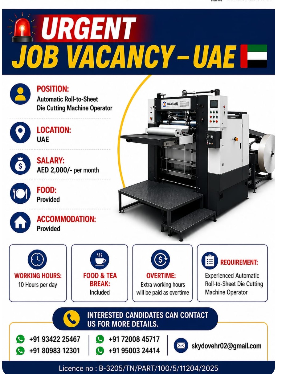 Automatic Roll-to-Sheet Die Cutting Machine Operator required for UAE