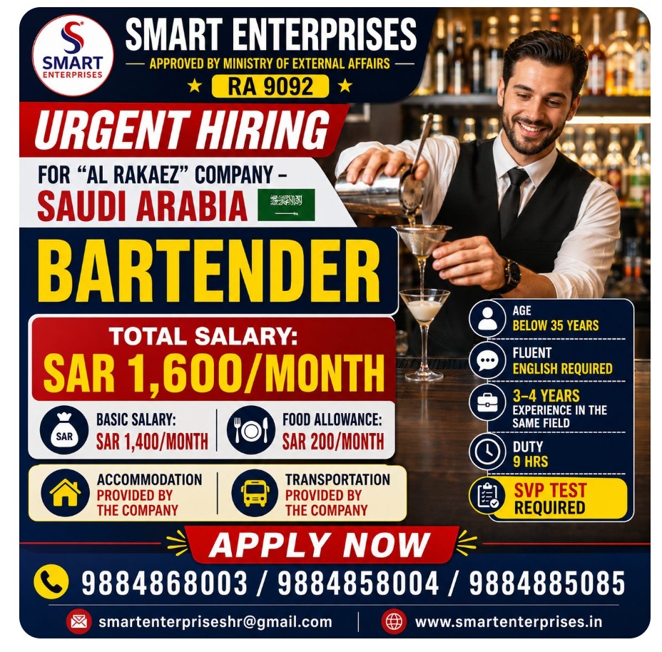 BARTENDER. HIRING AT AL RAKAEZ COMPANY