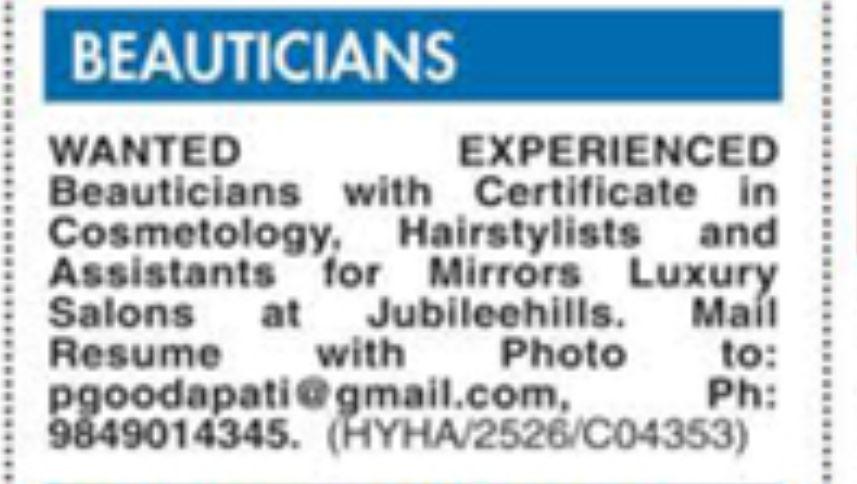 BEAUTICIAN JOBS