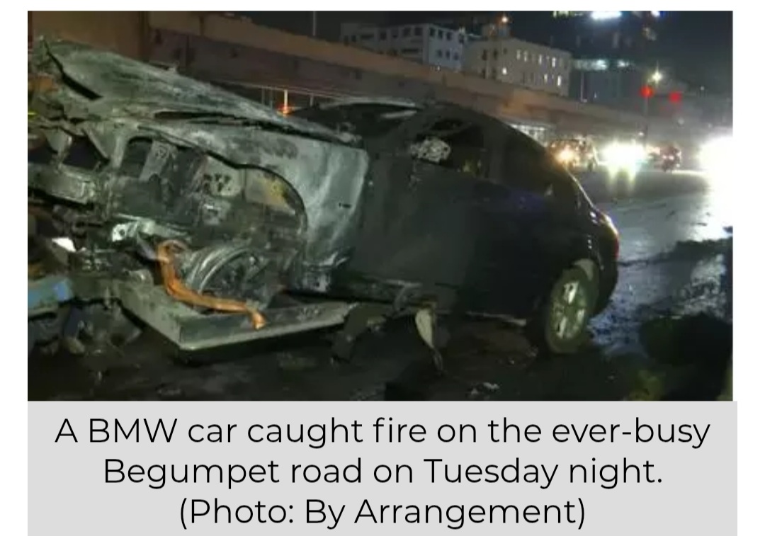 BMW Car Catches Fire in Begumpet; Disrupts Traffic