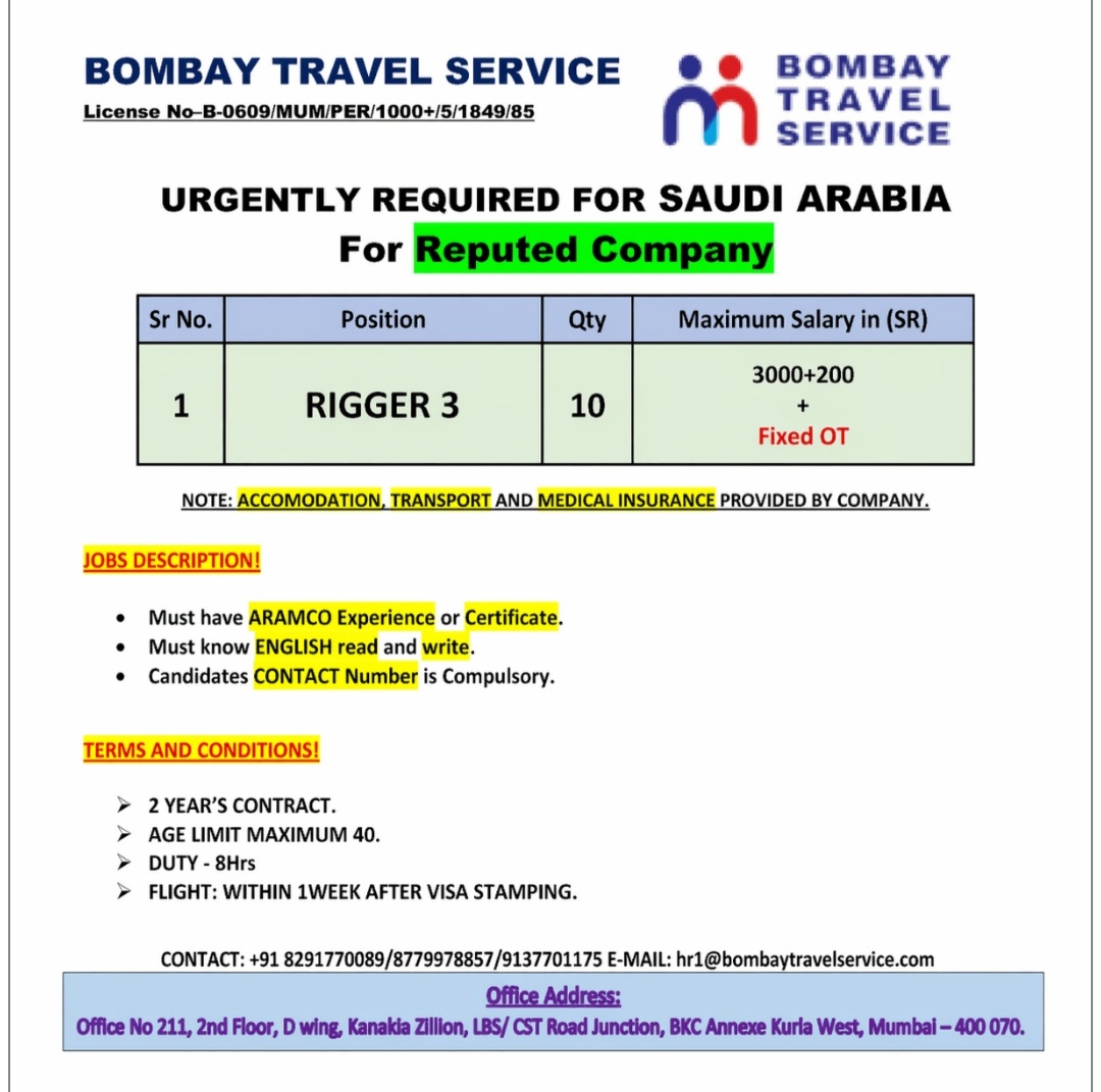 BOMBAY TRAVEL SERVICE IS RECRUITING FOR SAUDI ARABIA