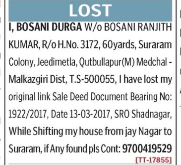 BOSANI DURGA HAS LOST PASSPORT