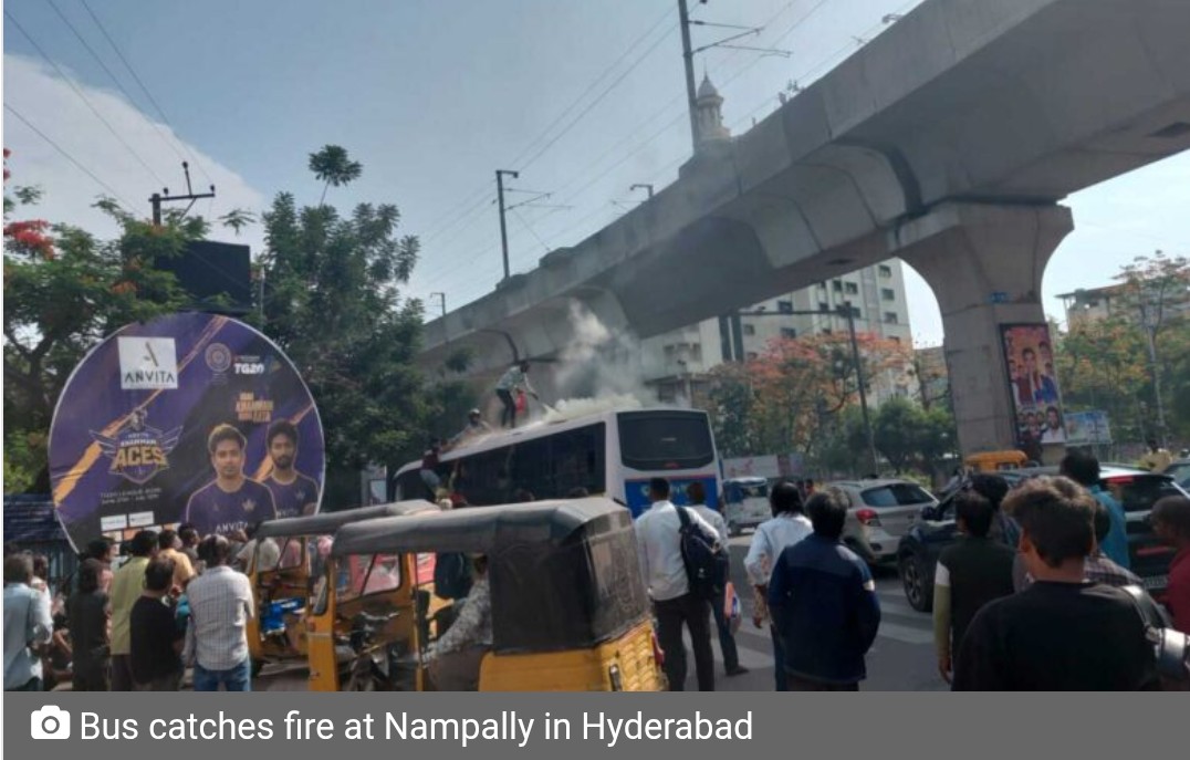 Bus catches fire at Nampally in Hyderabad