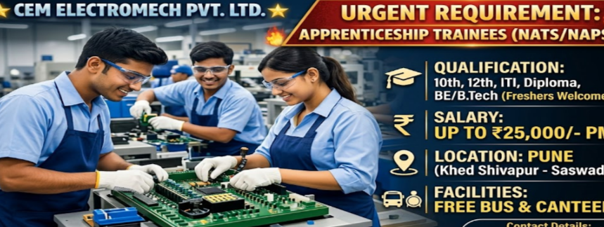 CEM ElectroMech Pune Recruitment 2026 : 10/12, ITI , Diploma, Trainee Jobs