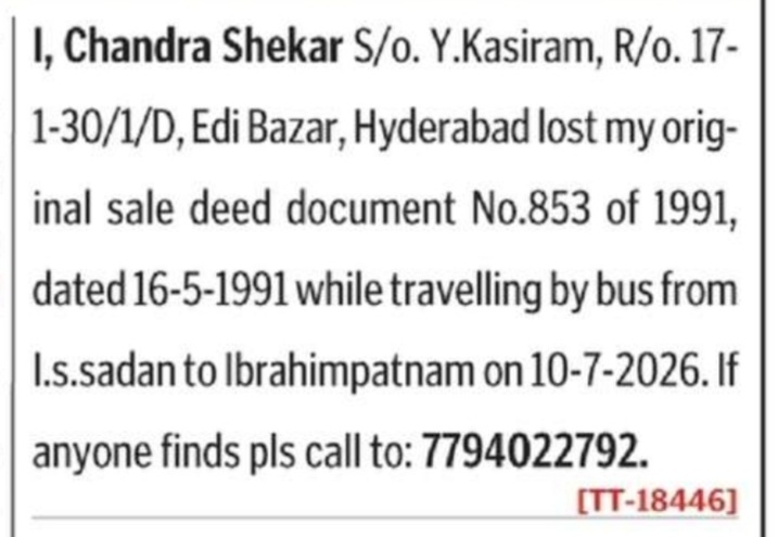 CHANDRA SHEKAR HAS LOST DOCUMENT