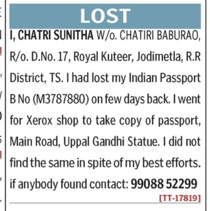 CHATRI SUNITHA HAS LOST PASSPORT