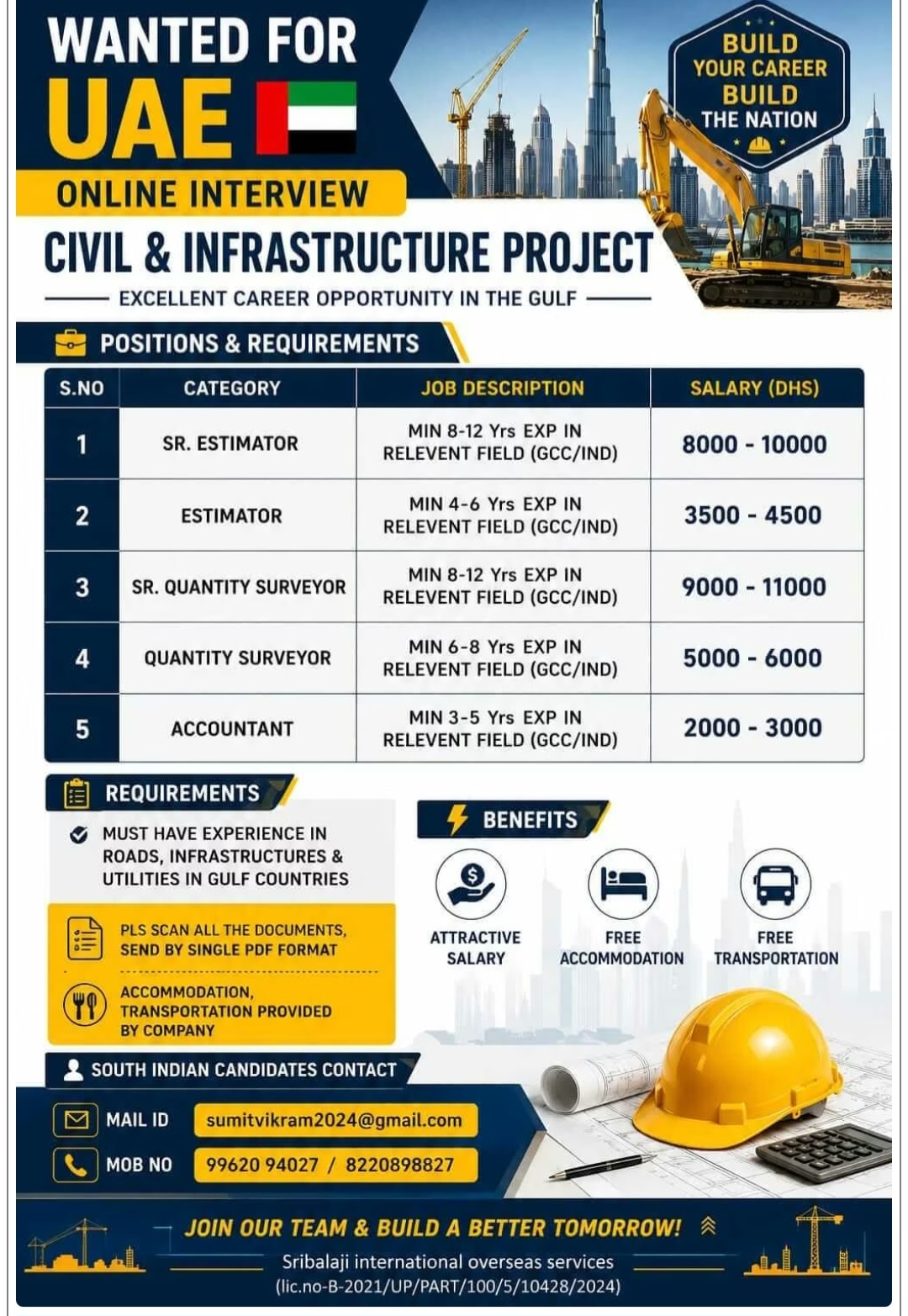 CIVIL AND INFRASTRUCTURE PROJECT HIRING FOR UAE
