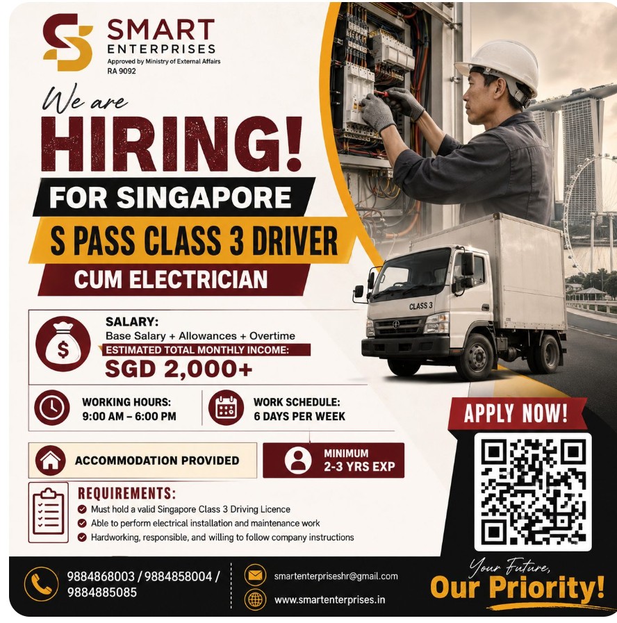 Class 3 Driver Cum Electrician required for Singapore