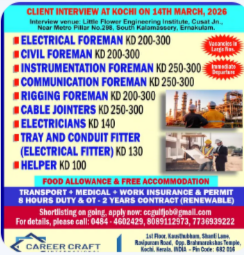Client Interview at Kochi on 14th March, 2026 for MECC, Kuwait –