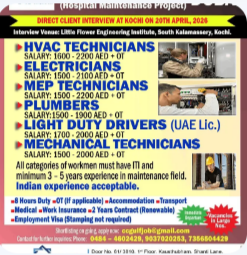 Client Interview at Kochi on 20th April, 2026 for Hospital Maintenance Project in UAE –