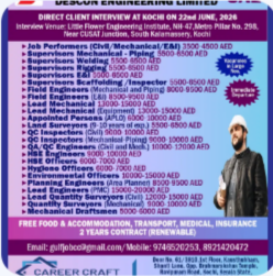Client Interview at Kochi on 22nd June, 2026 for Descon Engineering Limited, UAE