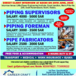 Client Interview at Kochi on 29th June, 2026 for Fortune Engineering & Energy Services LLC, Saudi Arabia