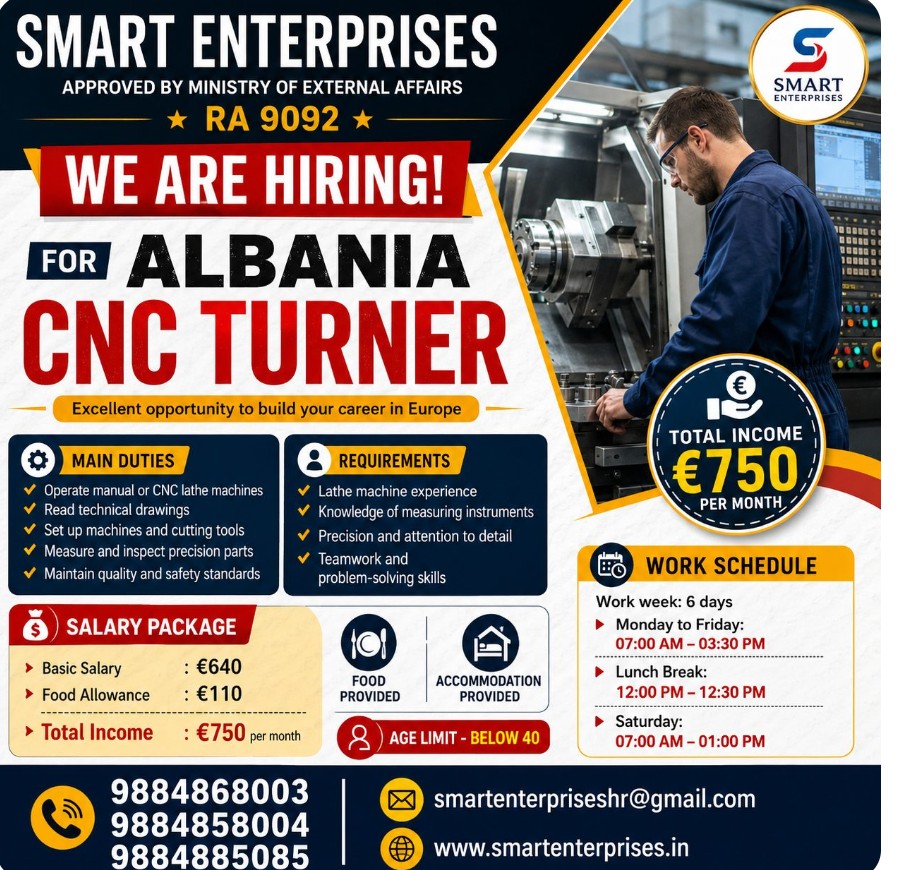 CNC TURNER REQUIREMENT FOR ALBANIA