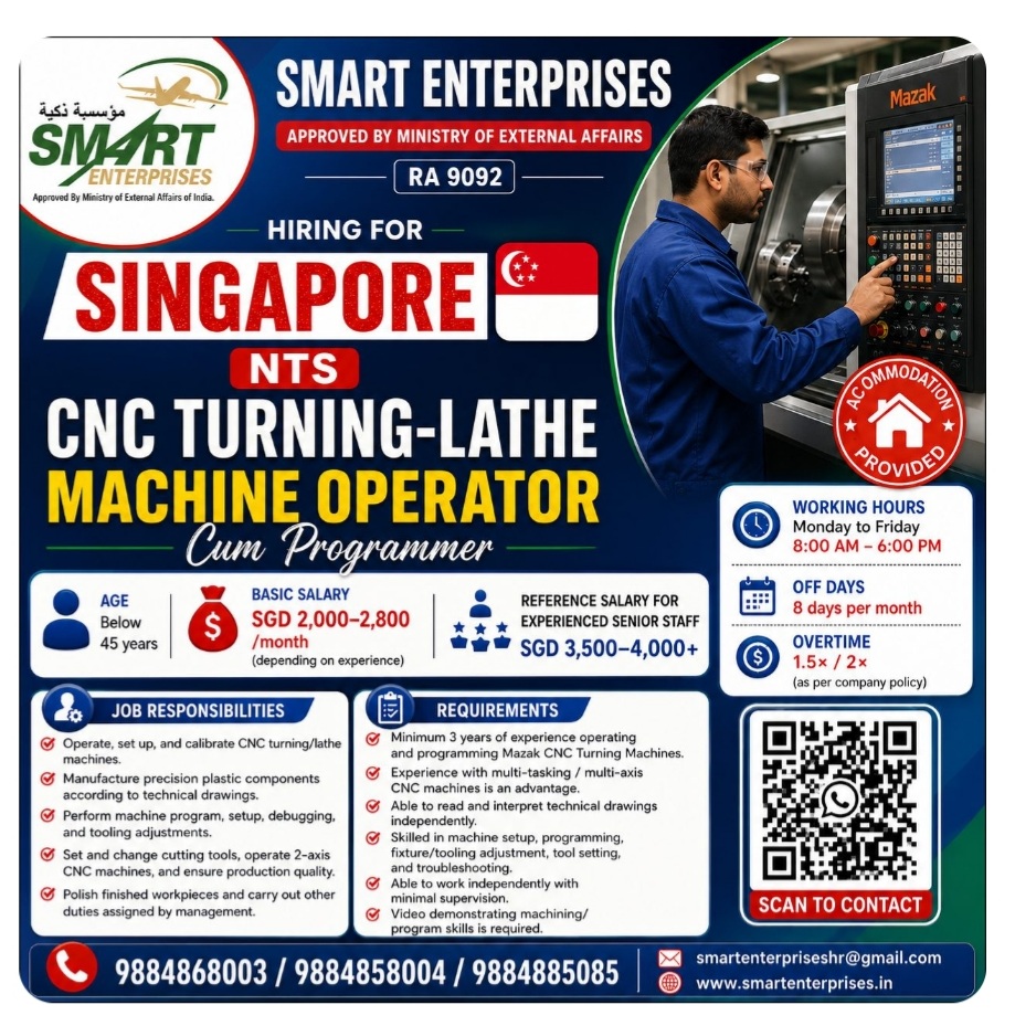 CNC TURNING-LATHE MACHINE OPERATOR Cum Programmer hiring for Singapore