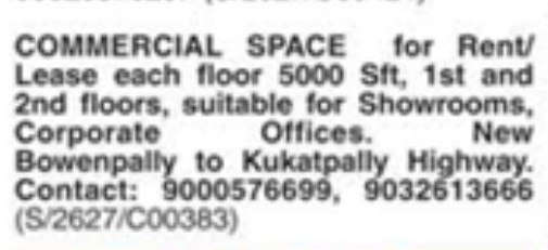 COMMERCIAL SPACE FOR RENT AT KUKATPALLY