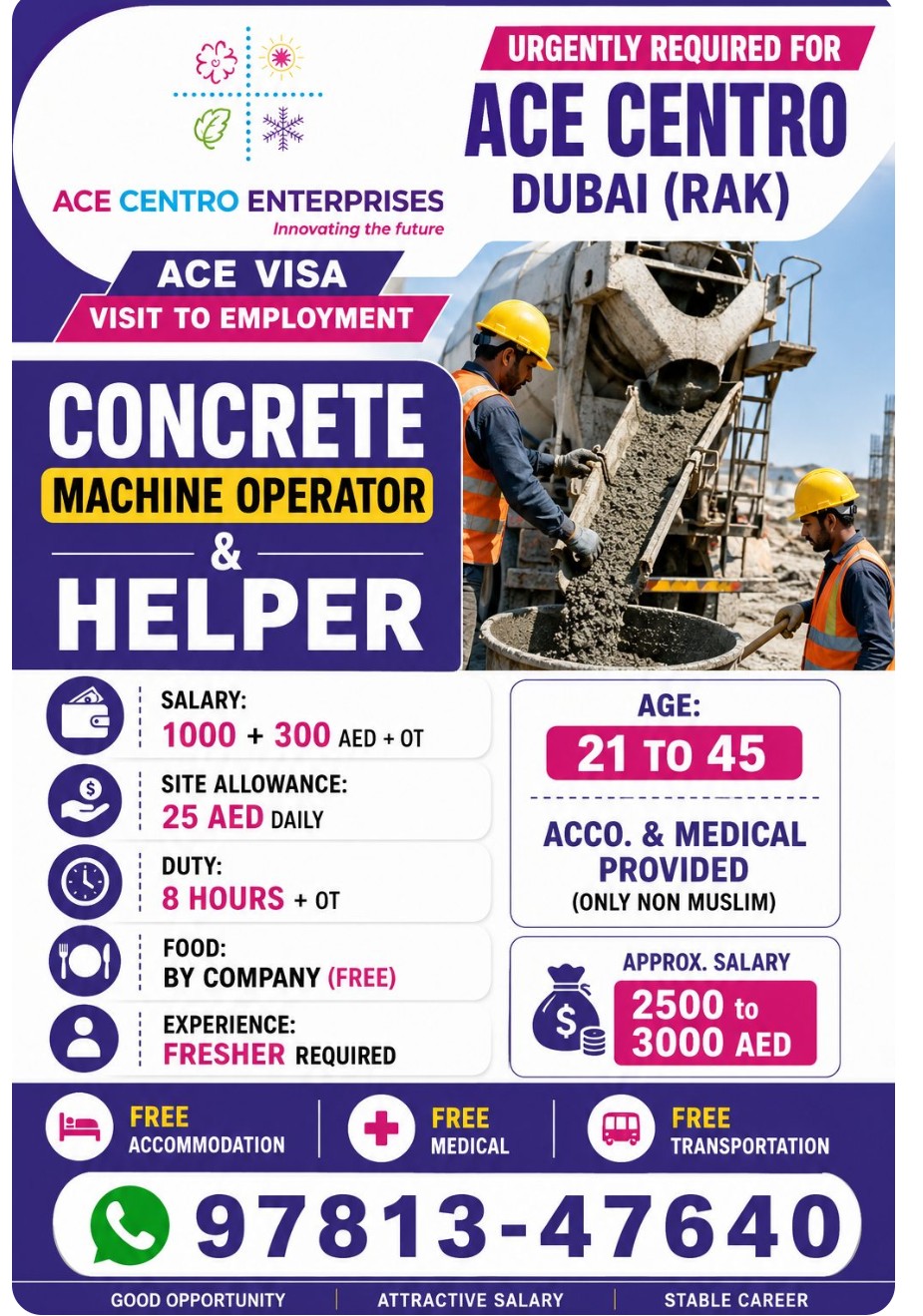 Concrete machine operator helper required for UAE