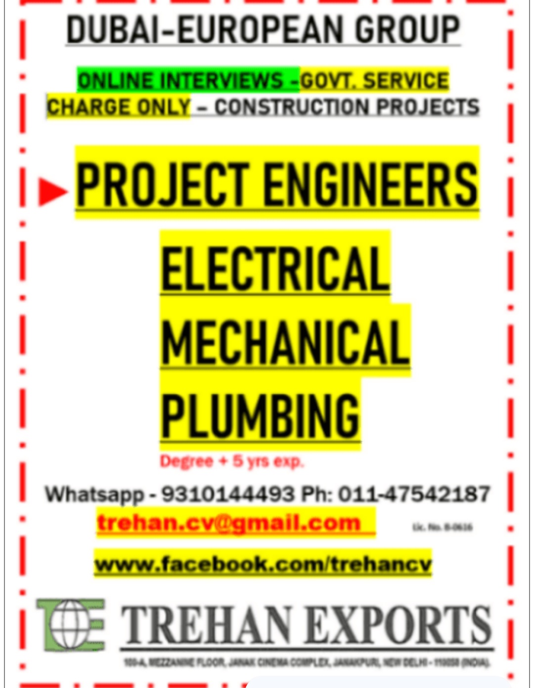 CONSTRUCTION PROJECT HIRING FOR DUBAI EUROPEAN GROUP