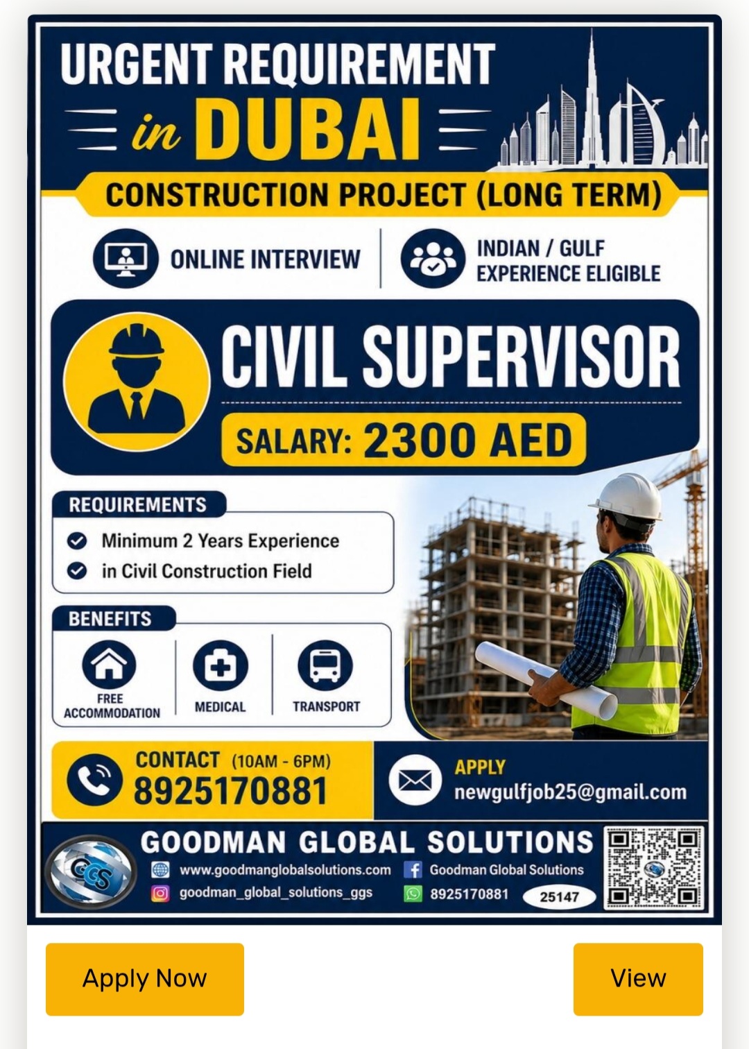 CONSTRUCTION PROJECT LONG TERM RECRUITMENT FOR DUBAI