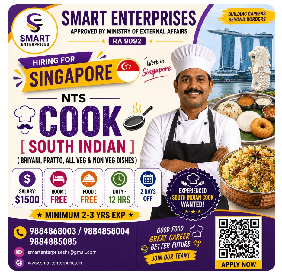COOK [ SOUTH INDIAN ] REQUIREMENT FOR SINGAPORE