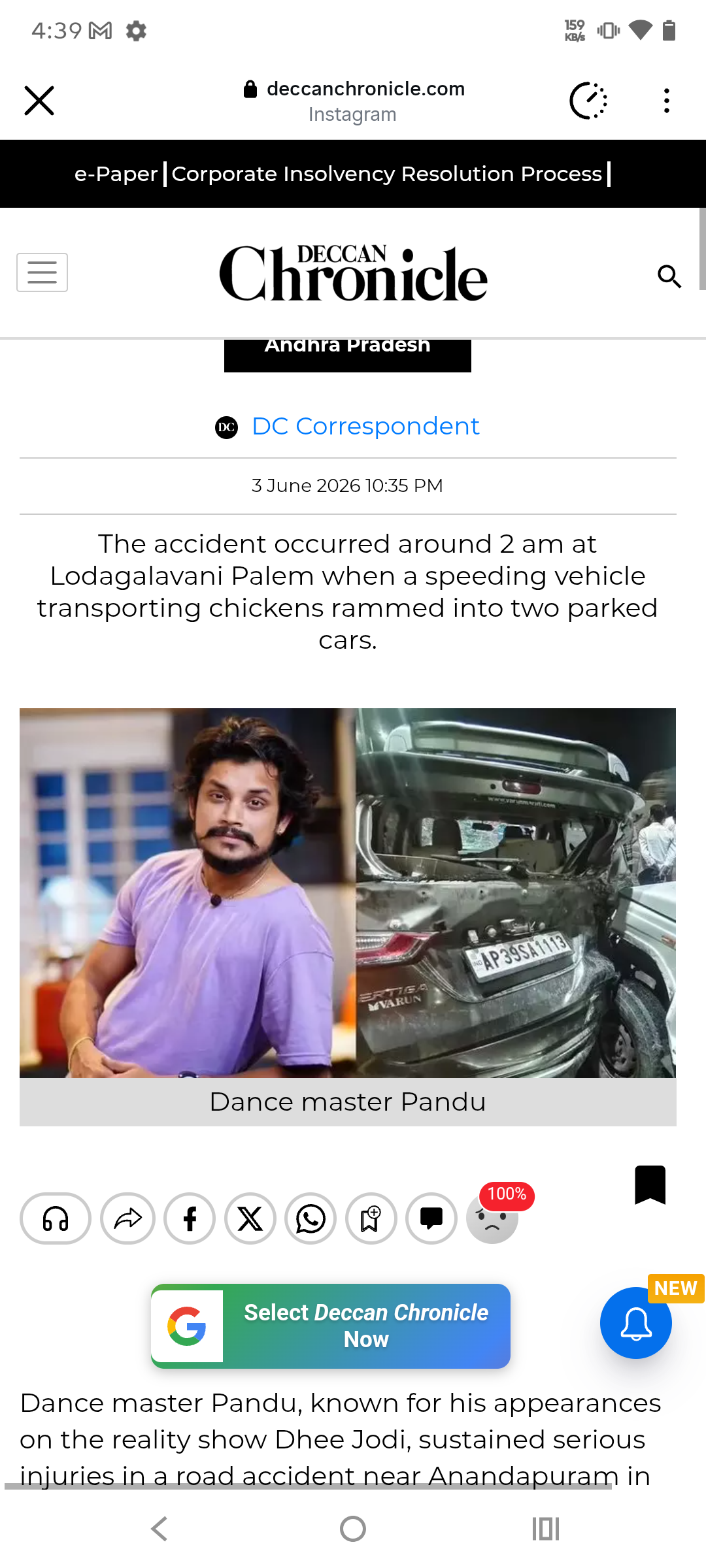 Dance Master Pandu Critically Injured in Car crash